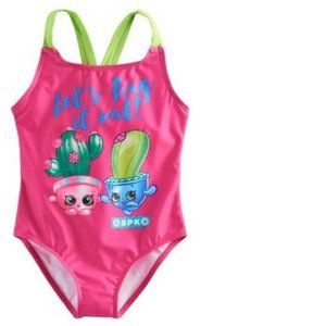 Girls Shopkins Swimsuit 5/6 Pink 1 Pc Swim Racerback Lined Bathing Suit